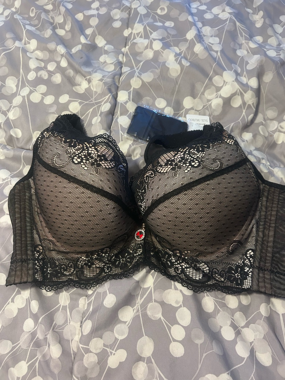 Black Lace Push-Up Bra with Rhinestone Accent - Women Intimates & Sleepwear